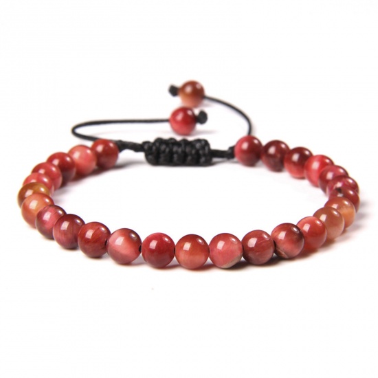 Picture of 1 Piece 6mm Beads Natural Dyed Tiger's Eyes Adjustable Dainty Bracelets Delicate Bracelets Beaded Bracelet Red Round 30cm(11 6/8") long - 18cm(7 1/8") long