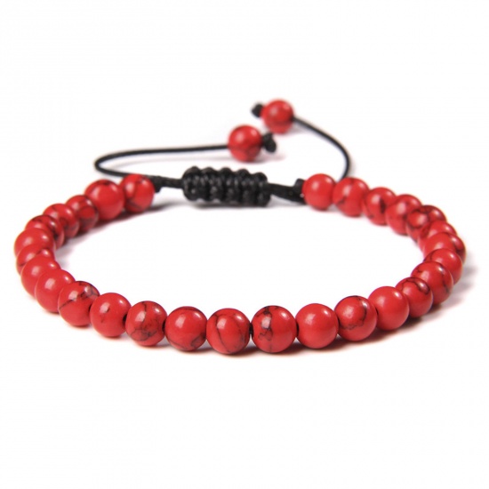 Picture of 1 Piece 6mm Beads Synthetic Turquoise Adjustable Dainty Bracelets Delicate Bracelets Beaded Bracelet Red Round 30cm(11 6/8") long - 18cm(7 1/8") long