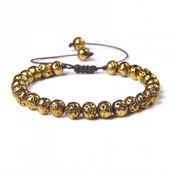 Picture of 1 Piece 6mm Beads Electroplate Lava Rock Adjustable Dainty Bracelets Delicate Bracelets Beaded Bracelet Gold Plated Round 30cm(11 6/8") long - 18cm(7 1/8") long