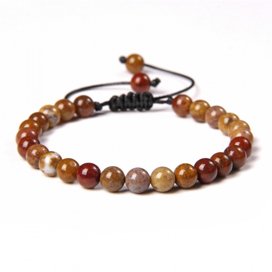 Picture of 1 Piece 6mm Beads Natural Dyed Stone Adjustable Dainty Bracelets Delicate Bracelets Beaded Bracelet Brown Round 30cm(11 6/8") long - 18cm(7 1/8") long