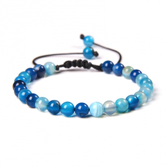 Picture of 1 Piece 6mm Beads Natural Dyed Agate Adjustable Dainty Bracelets Delicate Bracelets Beaded Bracelet Blue Round 30cm(11 6/8") long - 18cm(7 1/8") long