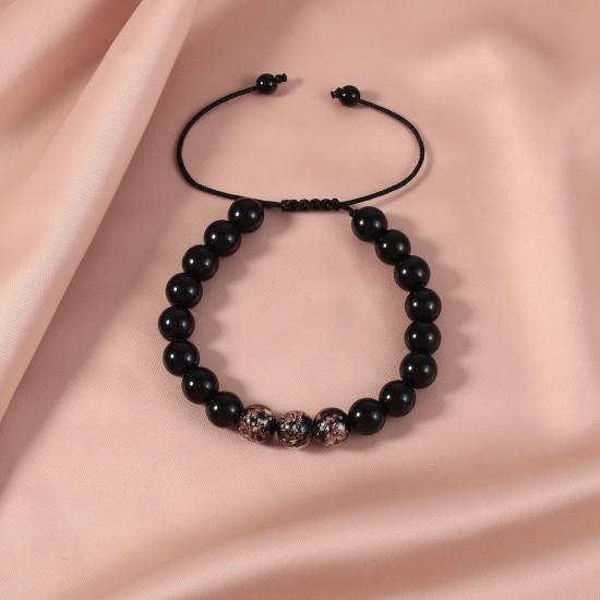 Picture of 1 Piece 10mm Beads Natural Obsidian Glow In The Dark Adjustable Dainty Bracelets Delicate Bracelets Beaded Bracelet Black Round 30cm(11 6/8") long - 18cm(7 1/8") long