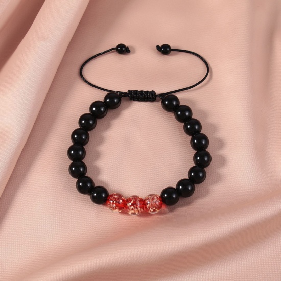 Picture of 1 Piece 10mm Beads Natura Obsidian Glow In The Dark Adjustable Dainty Bracelets Delicate Bracelets Beaded Bracelet Red Round 30cm(11 6/8") long - 18cm(7 1/8") long