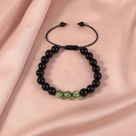 Picture of 1 Piece 10mm Beads Natura Obsidian Glow In The Dark Adjustable Dainty Bracelets Delicate Bracelets Beaded Bracelet Green Round 30cm(11 6/8") long - 18cm(7 1/8") long