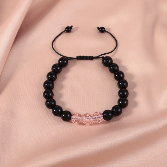 Picture of 1 Piece 10mm Beads Natura Obsidian Glow In The Dark Adjustable Dainty Bracelets Delicate Bracelets Beaded Bracelet Pink Round 30cm(11 6/8") long - 18cm(7 1/8") long