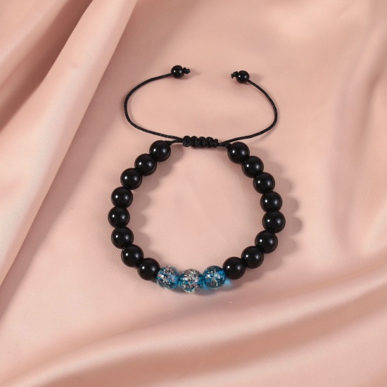 Picture of 1 Piece 10mm Beads Natura Obsidian Glow In The Dark Adjustable Dainty Bracelets Delicate Bracelets Beaded Bracelet Lake Blue Round 30cm(11 6/8") long - 18cm(7 1/8") long