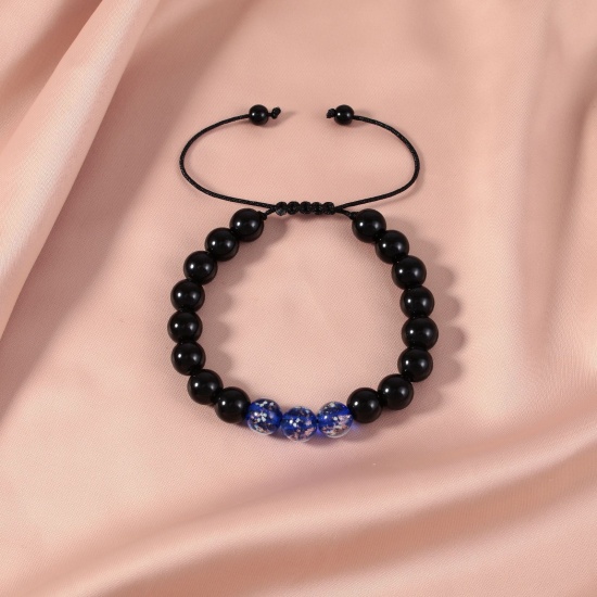 Picture of 1 Piece 10mm Beads Natura Obsidian Glow In The Dark Adjustable Dainty Bracelets Delicate Bracelets Beaded Bracelet Royal Blue Round 30cm(11 6/8") long - 18cm(7 1/8") long