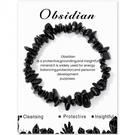 Picture of 1 Piece Natural Obsidian Gravels Chips Dainty Bracelets Delicate Bracelets Beaded Bracelet Black Irregular 19cm(7 4/8") long