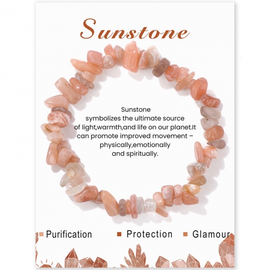 Picture of 1 Piece Natural Sunstone Gravels Chips Dainty Bracelets Delicate Bracelets Beaded Bracelet Orange Pink Irregular 19cm(7 4/8") long