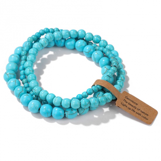 Image de 1 Kit ( 3 Pcs/Kit) 4mm/6mm/8mm Bracelets Raffinés Bracelets Délicats Bracelet de Perles en Turquoise ( Synthétique ) Bleu Rond 19cm Long