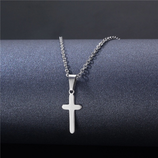 Picture of 304 Stainless Steel Religious Link Cable Chain Necklace Silver Tone Cross 45cm(17 6/8") long, 1 Piece