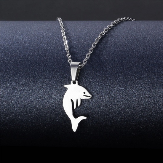 Picture of 304 Stainless Steel Link Cable Chain Necklace Silver Tone Dolphin Animal 45cm(17 6/8") long, 1 Piece