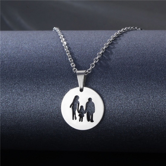 Picture of 304 Stainless Steel Mother's Day Link Cable Chain Necklace Silver Tone Parents And Child Round 45cm(17 6/8") long, 1 Piece