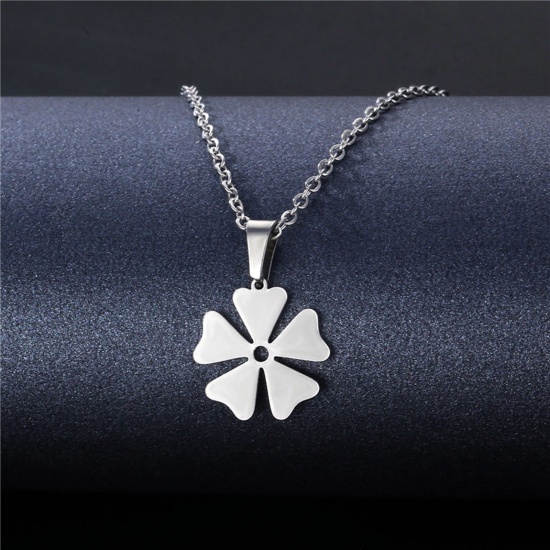 Picture of 304 Stainless Steel Link Cable Chain Necklace Silver Tone Flower 45cm(17 6/8") long, 1 Piece