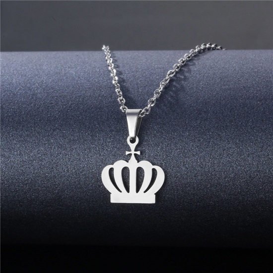 Picture of 304 Stainless Steel Link Cable Chain Necklace Silver Tone Crown 45cm(17 6/8") long, 1 Piece