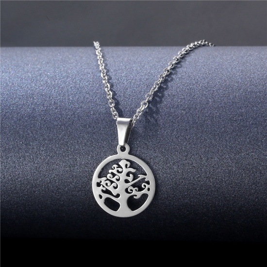 Picture of 304 Stainless Steel Link Cable Chain Necklace Silver Tone Round Tree of Life 45cm(17 6/8") long, 1 Piece