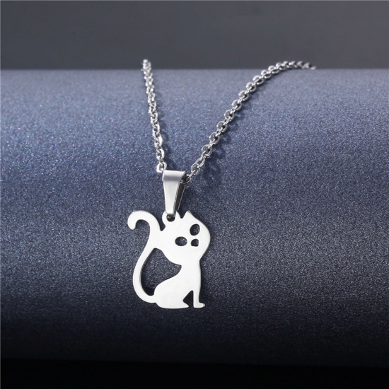 Picture of 304 Stainless Steel Pet Silhouette Link Cable Chain Necklace Silver Tone Fox Animal 45cm(17 6/8") long, 1 Piece