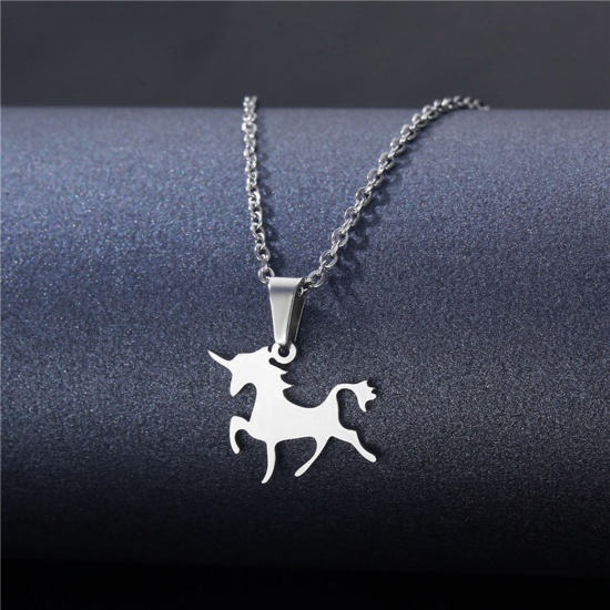 Picture of 304 Stainless Steel Pet Silhouette Link Cable Chain Necklace Silver Tone Horse Animal 45cm(17 6/8") long, 1 Piece