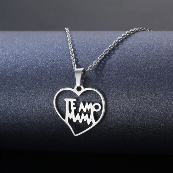 Picture of 304 Stainless Steel Valentine's Day Link Cable Chain Necklace Silver Tone Heart Medical Heartbeat/ Electrocardiogram Message " Te Amo " 45cm(17 6/8") long, 1 Piece