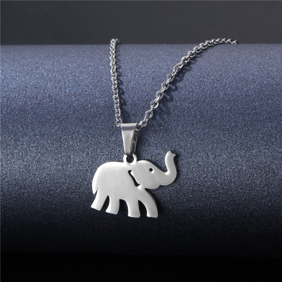 Picture of 304 Stainless Steel Pet Silhouette Link Cable Chain Necklace Silver Tone Elephant Animal 45cm(17 6/8") long, 1 Piece