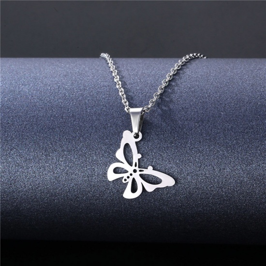 Picture of 304 Stainless Steel Insect Link Cable Chain Necklace Silver Tone Butterfly Animal 45cm(17 6/8") long, 1 Piece