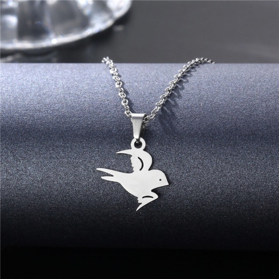 Picture of 304 Stainless Steel Pet Silhouette Link Cable Chain Necklace Silver Tone Bird Animal 45cm(17 6/8") long, 1 Piece
