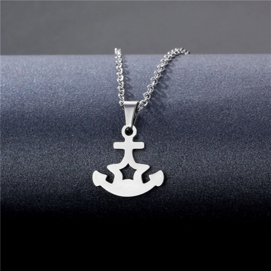 Picture of 304 Stainless Steel Link Cable Chain Necklace Silver Tone Anchor Star 45cm(17 6/8") long, 1 Piece