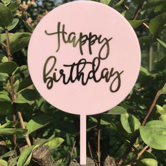 Immagine di Acrilato Carta per auguri sulla torta Tondo Rosa Chiaro " HAPPY BIRTHDAY " 15cm x 9.8cm, 1 Pz