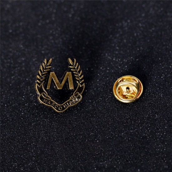 Picture of Pin Brooches Ear Of Wheat Initial Alphabet/ Capital Letter Message " M " Antique Bronze 20mm x 18mm, 1 Piece
