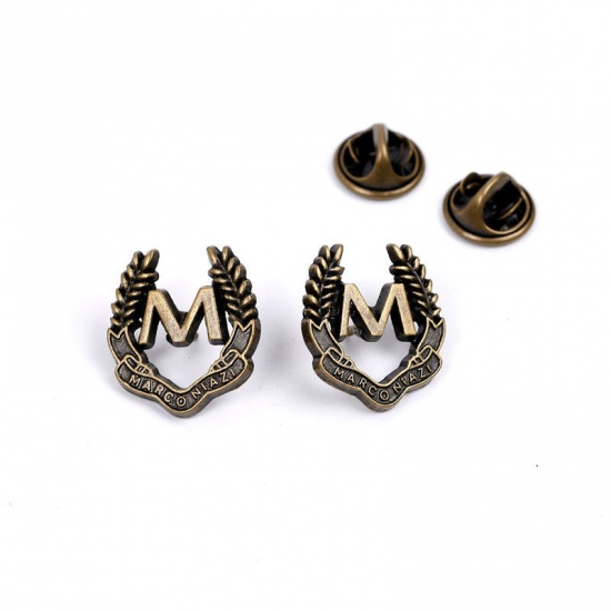Picture of Pin Brooches Ear Of Wheat Initial Alphabet/ Capital Letter Message " M " Antique Bronze 20mm x 18mm, 1 Piece
