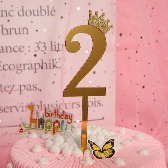 Picture of Acrylic Cupcake Picks Toppers Golden Number Message " 2 " 18.5cm x 6cm, 1 Piece
