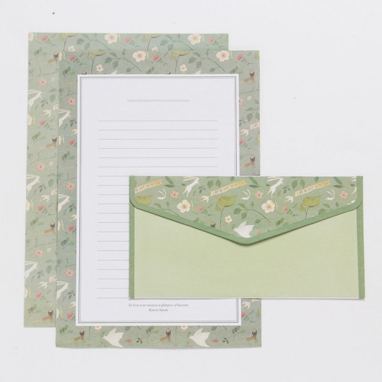 Picture of Paper Envelope Rectangle Green Flower Pattern 20.8cm x 14.1cm 16.4cm x 8.5cm, 1 Set