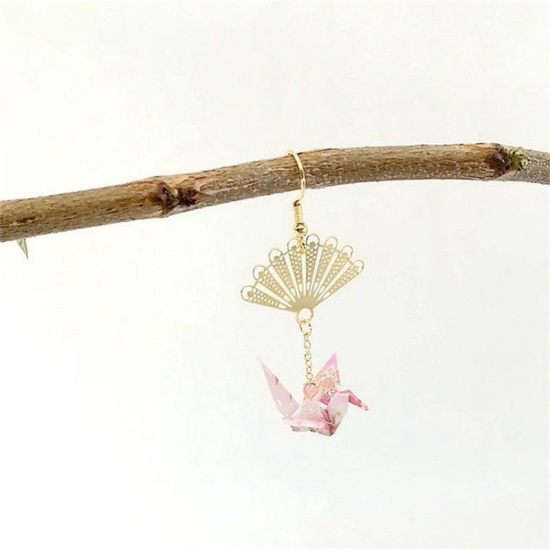 Picture of Brass Earrings Pink Fan Thousand paper crane 65mm, 1 Piece                                                                                                                                                                                                    