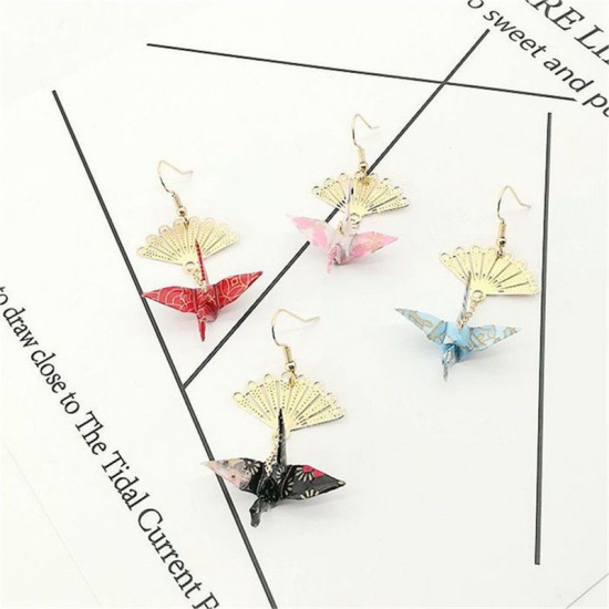 Picture of Brass Ear Clips Earrings Pink Fan Thousand paper crane 65mm, 1 Piece                                                                                                                                                                                          