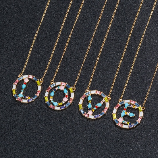 Picture of Necklace KC Gold Plated Circle Ring Initial Alphabet/ Capital Letter Message " X " Multicolor Rhinestone 25cm(9 7/8") long, 1 Piece