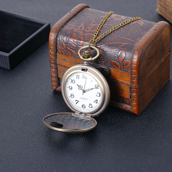 Picture of Pocket Watches Halloween Antique Bronze Skeleton Skull Pattern Battery Included 80cm long, 1 Piece