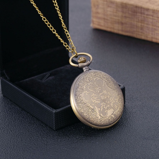 Picture of Pocket Watches Halloween Antique Bronze Skeleton Skull Pattern Battery Included 80cm long, 1 Piece