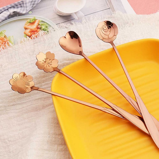 Picture of Silver Tone - style3 multi-style Stainless Steel Spoon Set with Long Handle Flowers Heart Shape Ice Tea Coffee Spoon Dessert Spoon Kitchen Drink Tableware
