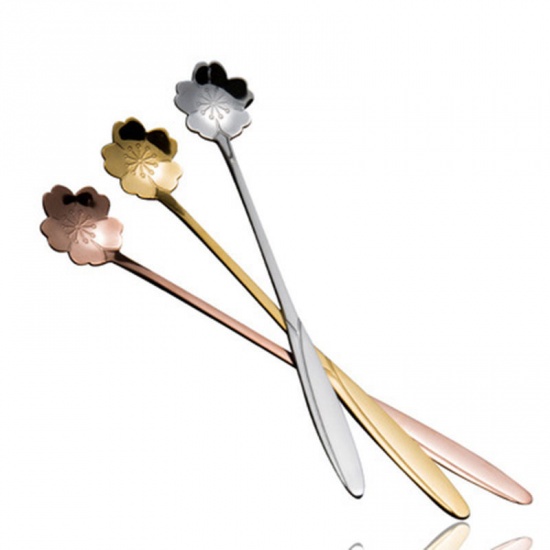 Picture of Silver Tone - style3 multi-style Stainless Steel Spoon Set with Long Handle Flowers Heart Shape Ice Tea Coffee Spoon Dessert Spoon Kitchen Drink Tableware