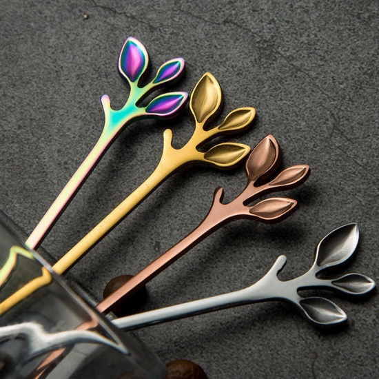 Picture of Gold Plated - style2 Creative Branch Leaves Dessert Spoon /Fork Silver Gold Rose Colours Exquisite Leaf Fruit Fork Coffee Dessert Spoon Gift Tableware Kitchen accessories