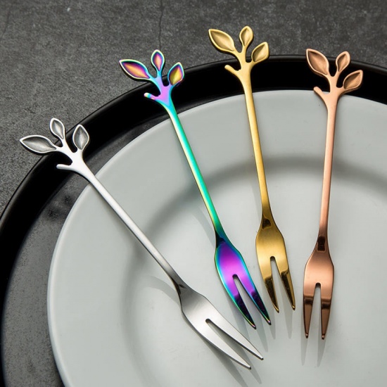 Picture of Multicolor - style4 Creative Branch Leaves Dessert Spoon /Fork Silver Gold Rose Colours Exquisite Leaf Fruit Fork Coffee Dessert Spoon Gift Tableware Kitchen accessories
