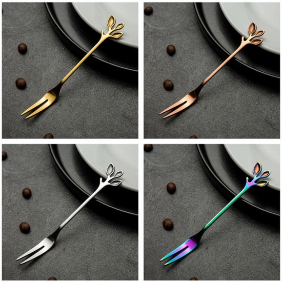 Picture of Gold Plated - style6 Creative Branch Leaves Dessert Spoon /Fork Silver Gold Rose Colours Exquisite Leaf Fruit Fork Coffee Dessert Spoon Gift Tableware Kitchen accessories