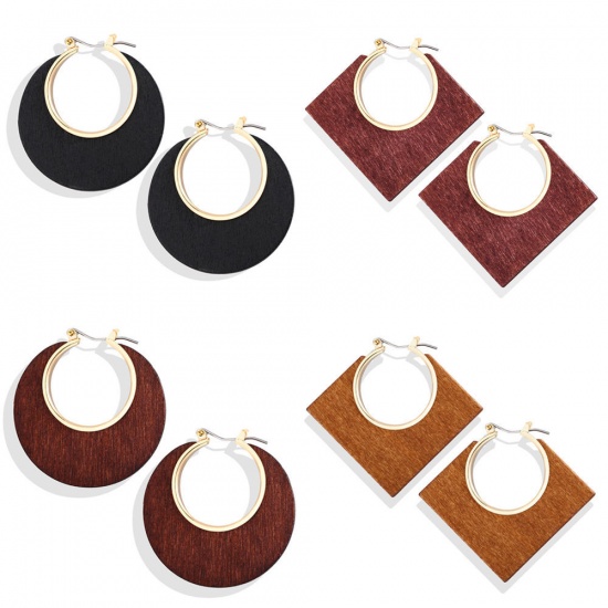 Picture of Wood Geometry Series Hoop Earrings Black Square 5.5cm x 4.7cm, 1 Pair