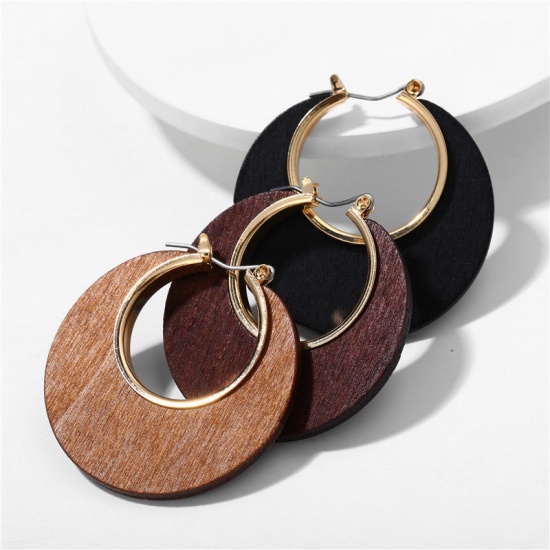 Picture of Wood Geometry Series Hoop Earrings Black Square 5.5cm x 4.7cm, 1 Pair