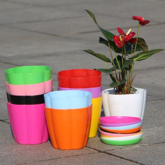 Picture of Fuchsia - Style7 Colorful resin Flower Pots Round Planters Pot Trays Plastic Pots Creative Small Pots For Succulent Plants Garden Décor