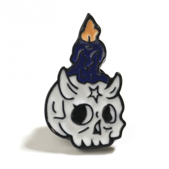 Picture of Halloween Pin Brooches Skull Candle Multicolor Enamel 26mm x 15mm, 1 Piece
