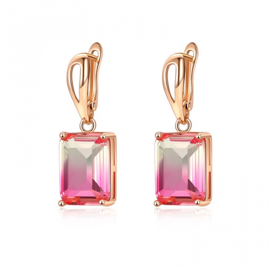 Picture of October Birthstone - Copper Ear Clips Earrings KC Gold Plated Rectangle Pink Cubic Zirconia 30mm x 10mm, 1 Pair