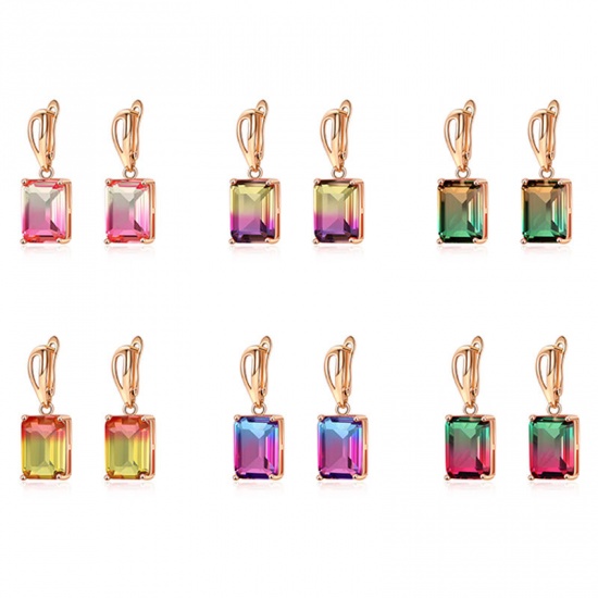 Picture of October Birthstone - Copper Ear Clips Earrings KC Gold Plated Rectangle Pink Cubic Zirconia 30mm x 10mm, 1 Pair