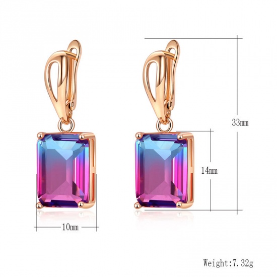 Picture of October Birthstone - Copper Ear Clips Earrings KC Gold Plated Rectangle Purple Cubic Zirconia 30mm x 10mm, 1 Pair