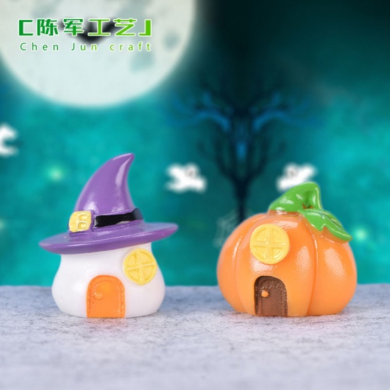 Picture of Multicolor - Wizard Hat House Mini Halloween Decoration Miniature Figurines Resin Home Decoration 3.3cm x3cm(1 2/8" x1 1/8"), 1 Piece